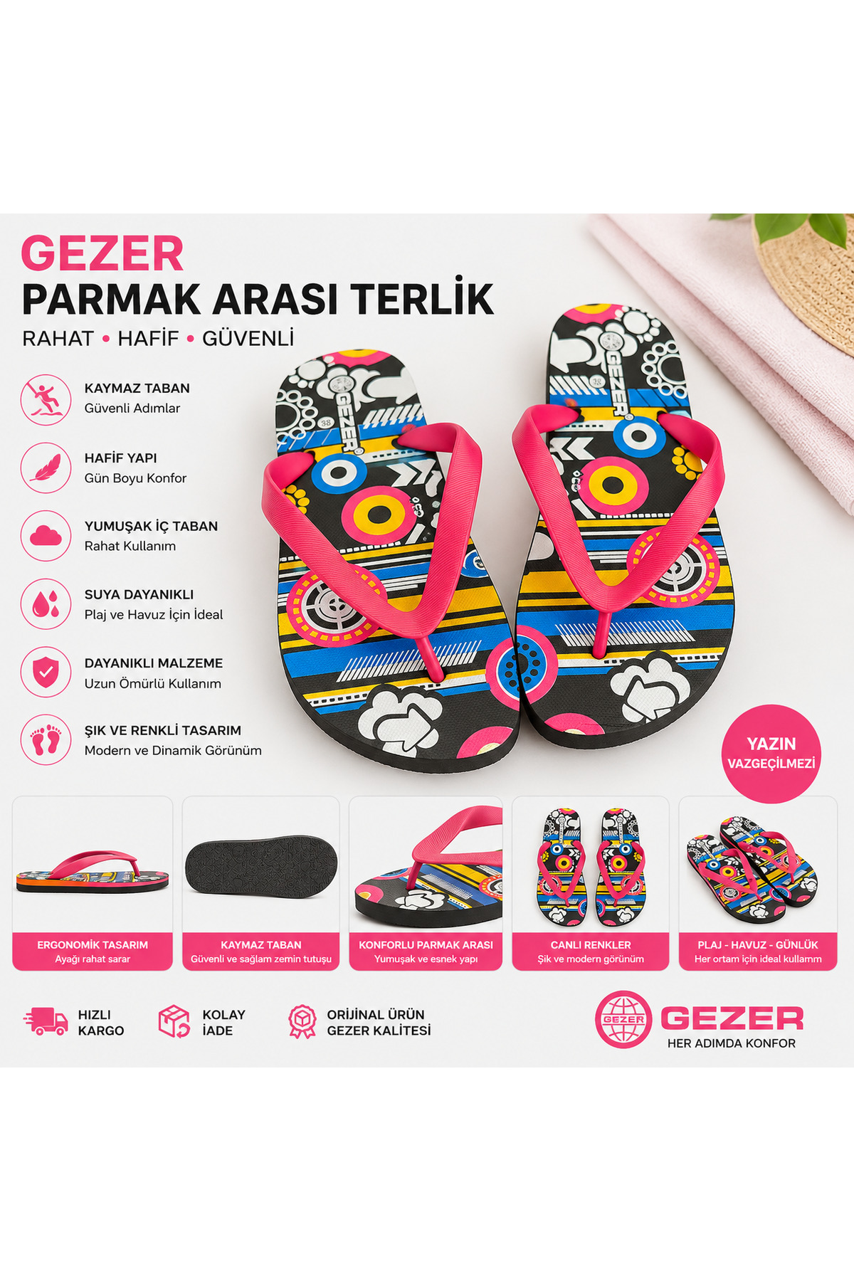 Kadın Parmak Arası Desenli Pembe Kaymaz Taban Yazlık Plaj Terliği
