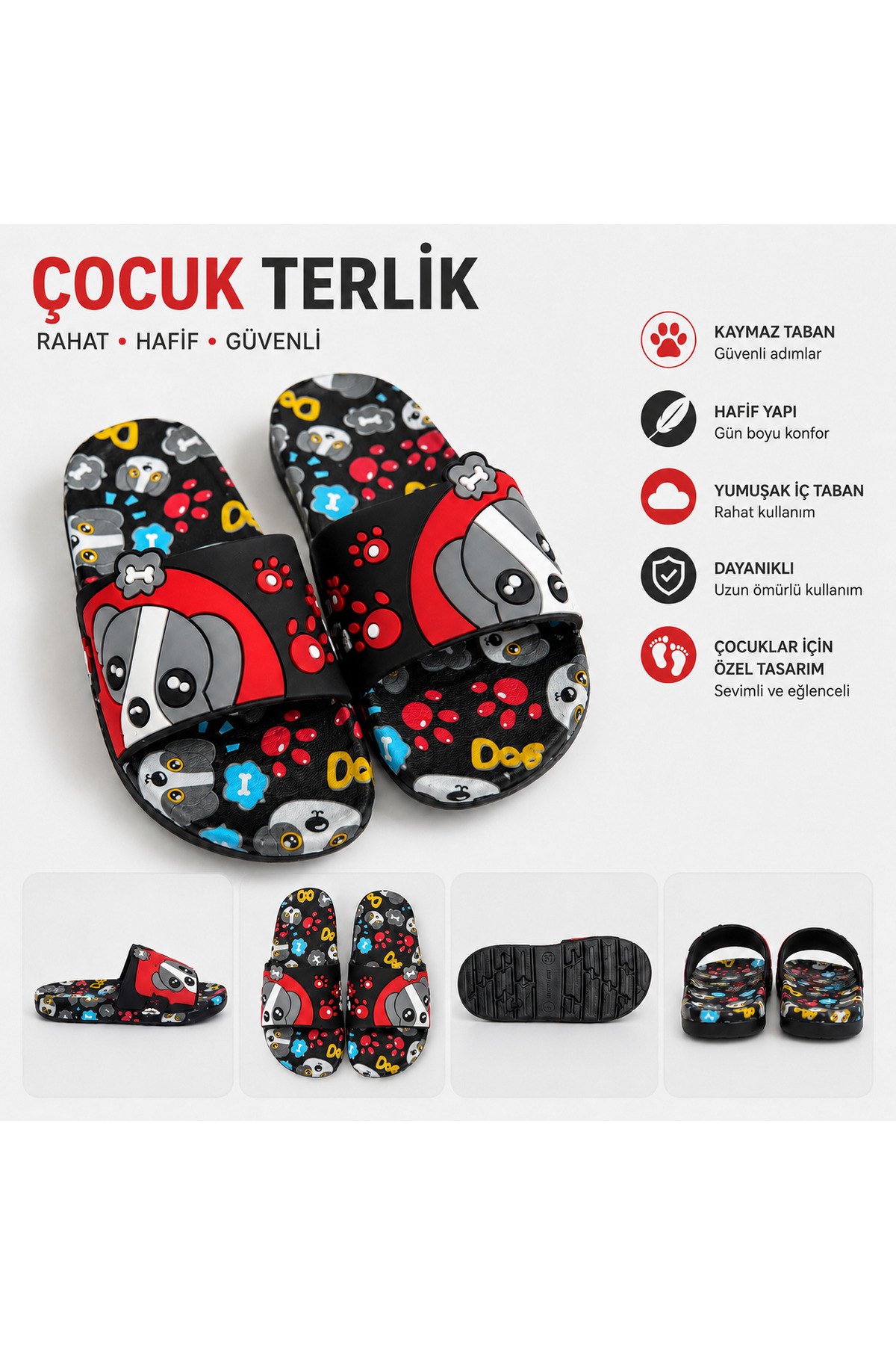 Erkek Çocuk Siyah Köpek Figürlü Kaymaz Taban Yazlık Terlik